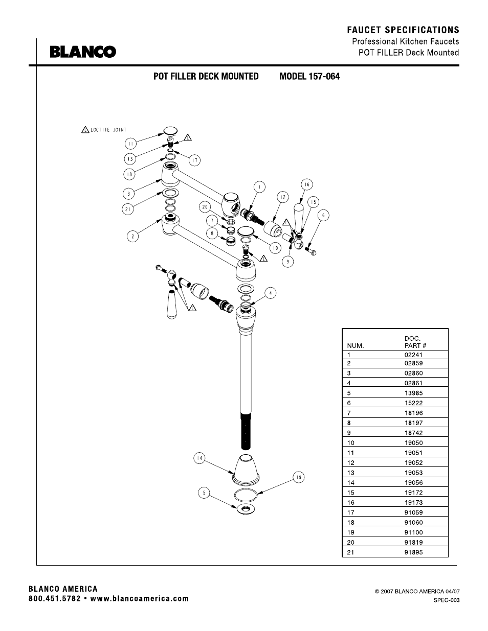 Faucet specifications, Pot filler deck mounted, Blanco | Blanco 157-064 User Manual | Page 2 / 2