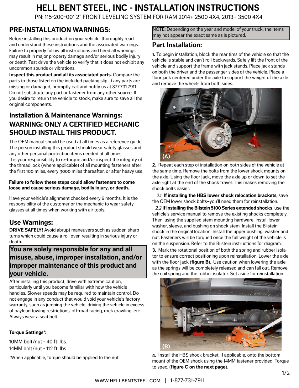 Hell Bent Steel 2014 + Dodge Ram 2500 & 2013 + 3500 4WD 2 Leveling Kit User Manual | 2 pages