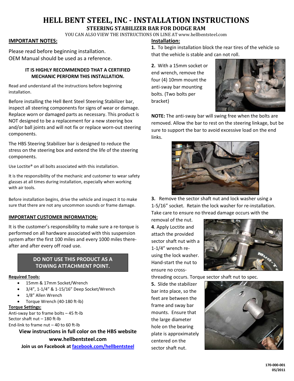 Hell Bent Steel Steering Stabilizer Bar for Dodge Ram User Manual | 2 pages