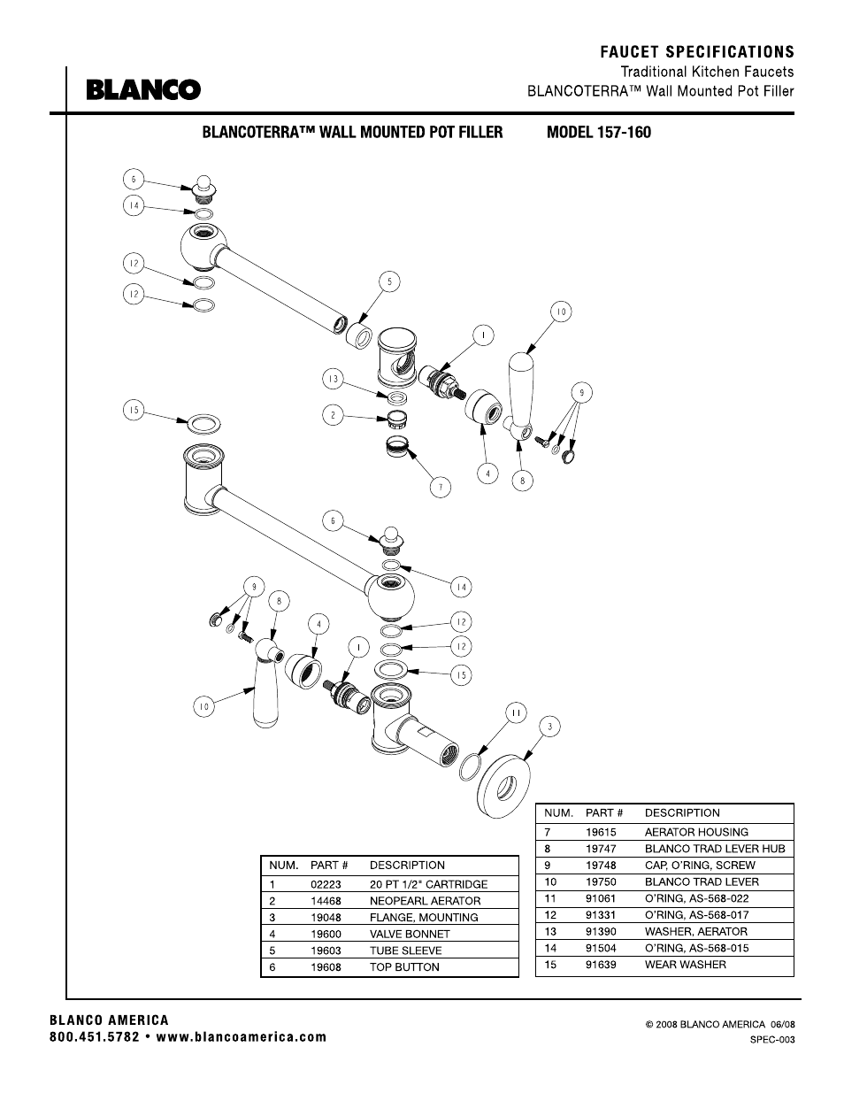 Faucet specifications, Buncoterra™ wall mounted pot filler, Blanco | Blanco 157-160 User Manual | Page 2 / 2
