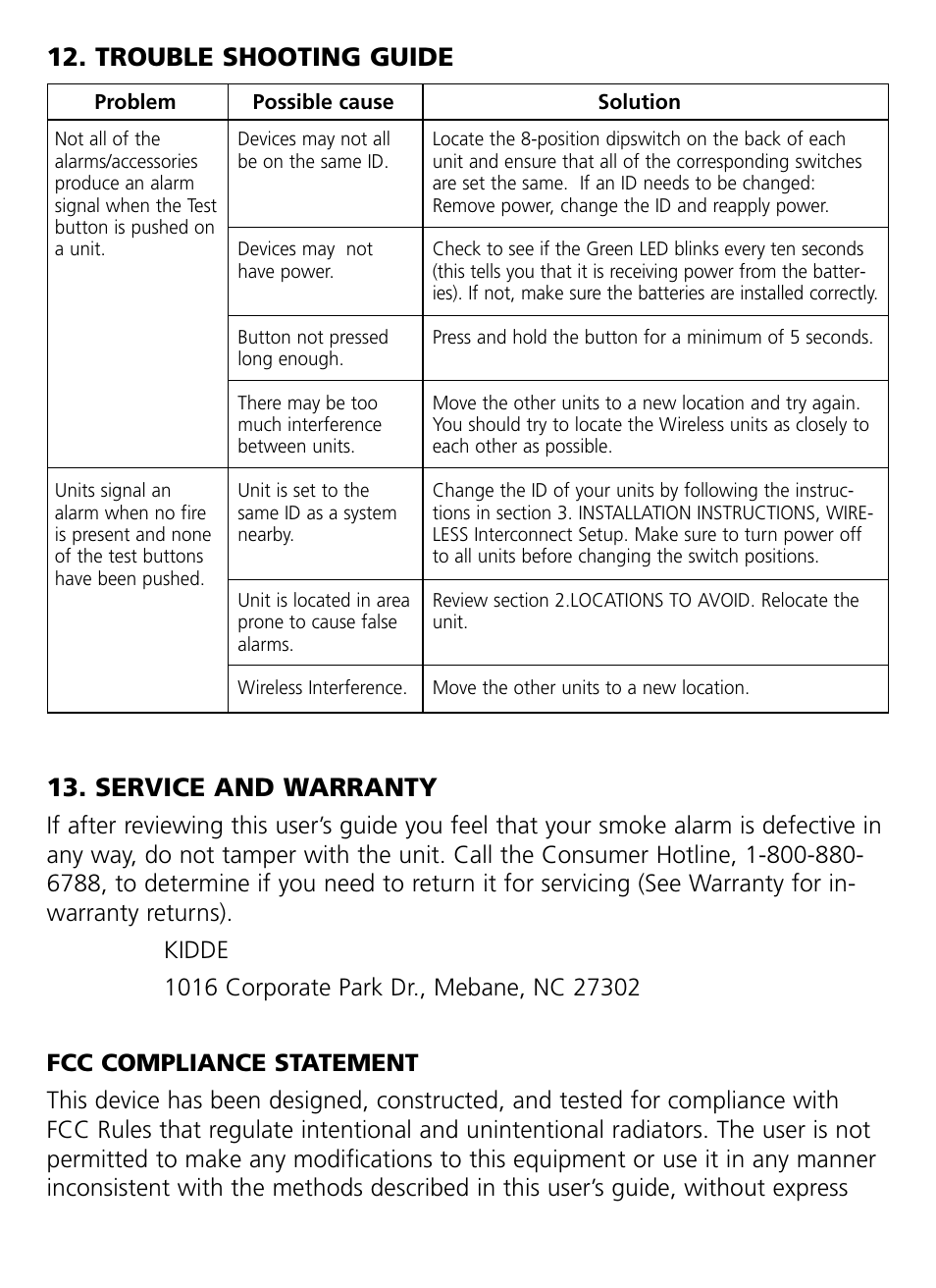 Trouble shooting guide 13. service and warranty | Kidde RF-SM-DC User Guide User Manual | Page 17 / 19