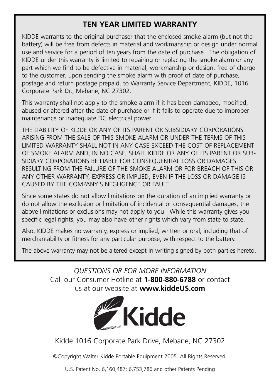 Ten year limited warranty | Kidde RF-SM-DC User Guide User Manual | Page 19 / 19