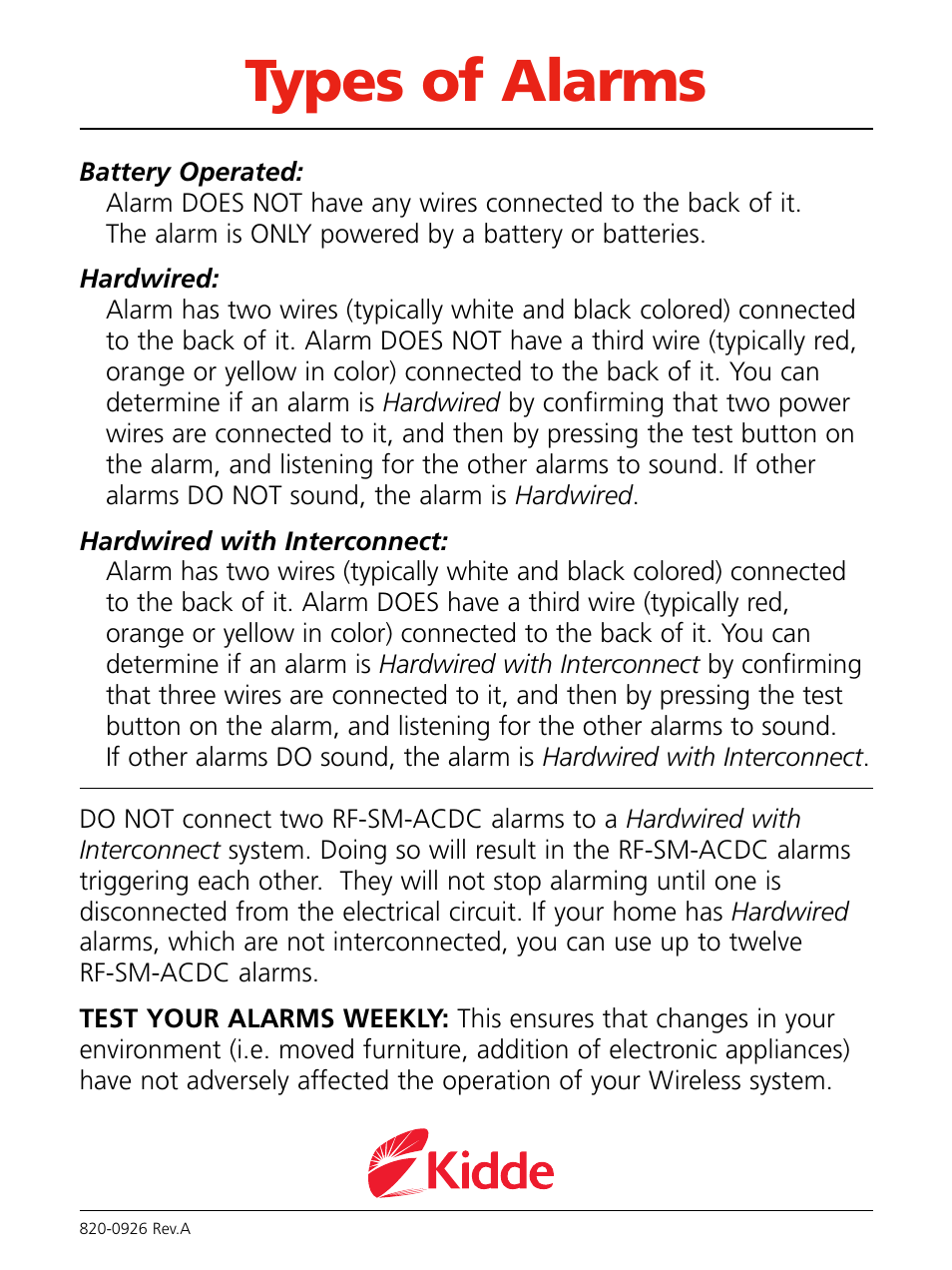 Types of alarms | Kidde RF-SM-ACDC Quick Setup Guide User Manual | Page 2 / 2