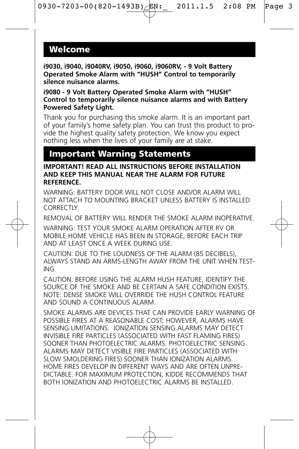 Welcome, Important warning statements | Kidde I9060 User Manual | Page 3 / 18