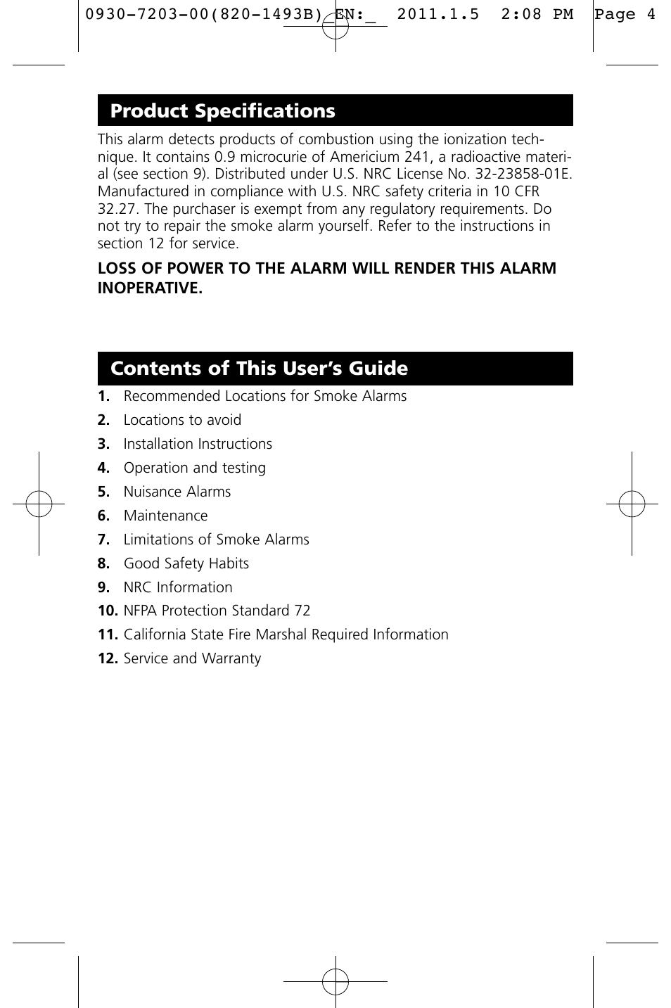 Contents of this user’s guide, Product specifications | Kidde I9060 User Manual | Page 4 / 18