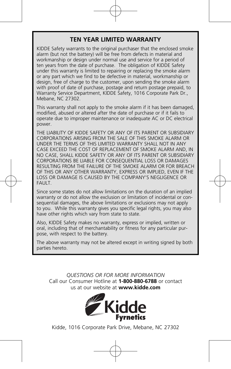 Ten year limited warranty | Kidde P9050 User Manual | Page 14 / 14