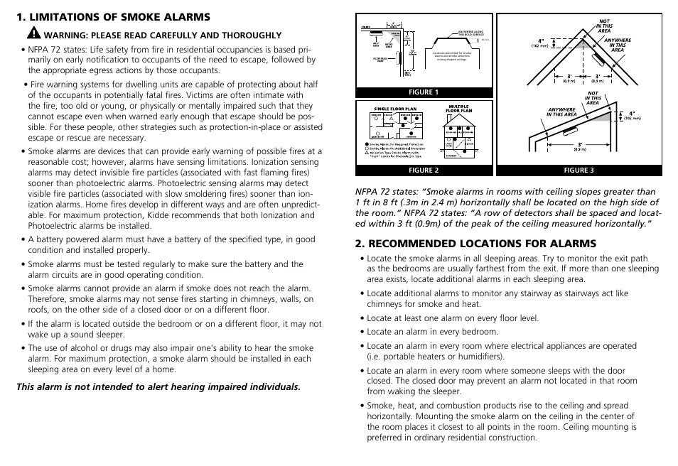 Recommended locations for alarms, Limitations of smoke alarms | Kidde P3010L User Manual | Page 3 / 9