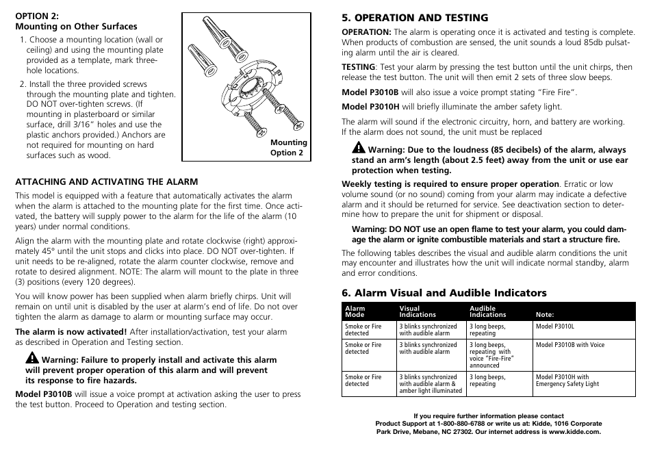 Operation and testing, Alarm visual and audible indicators | Kidde P3010L User Manual | Page 5 / 9