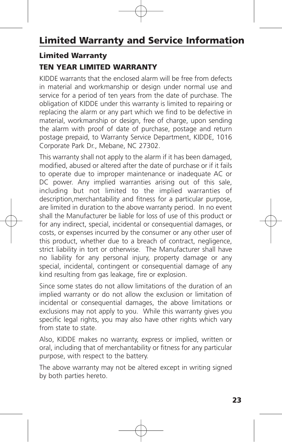 Limited warranty and service information | Kidde i12010S User Manual | Page 25 / 27