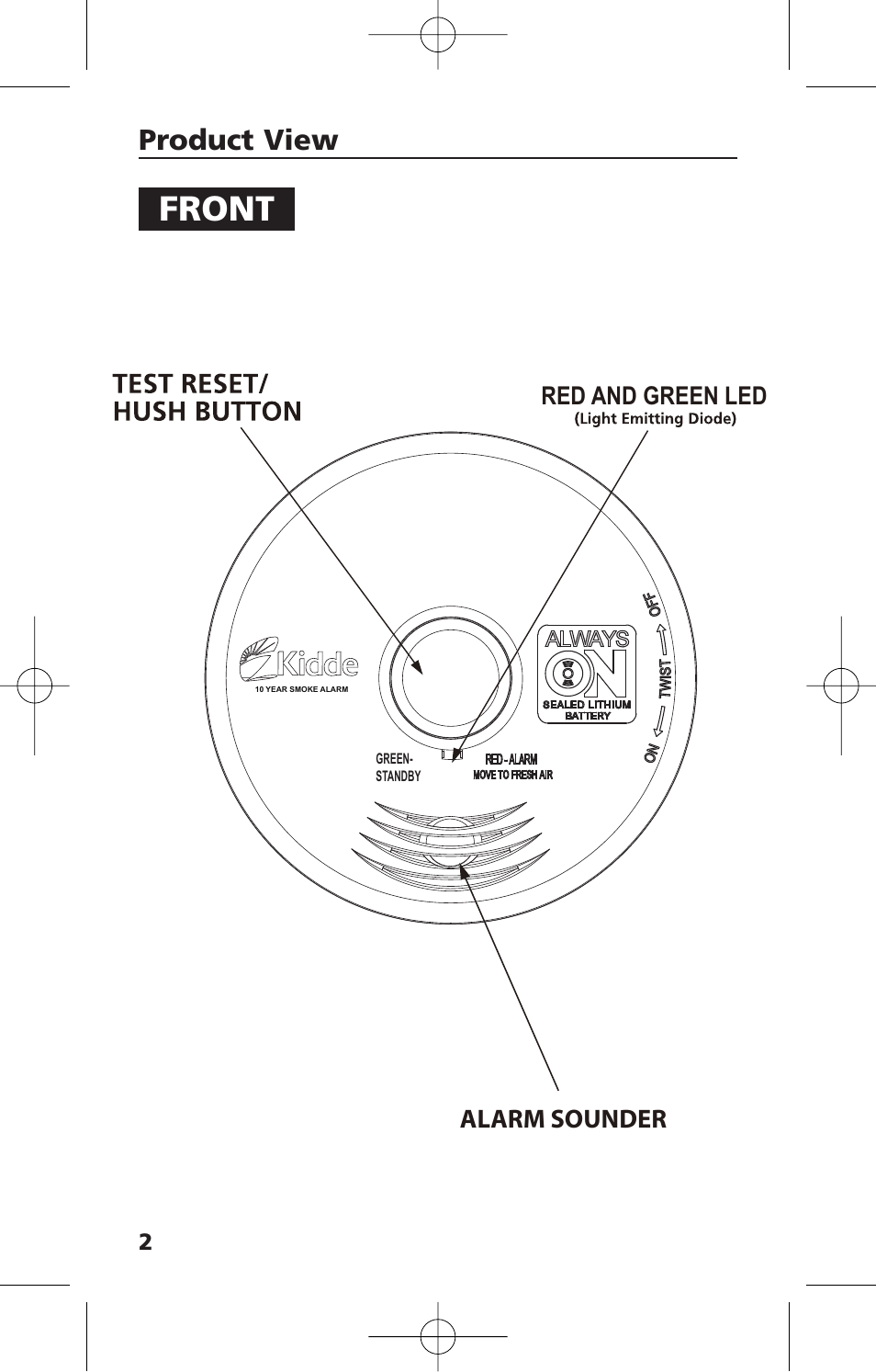 Front, Product view, Alarm sounder | Kidde i12010S User Manual | Page 4 / 27