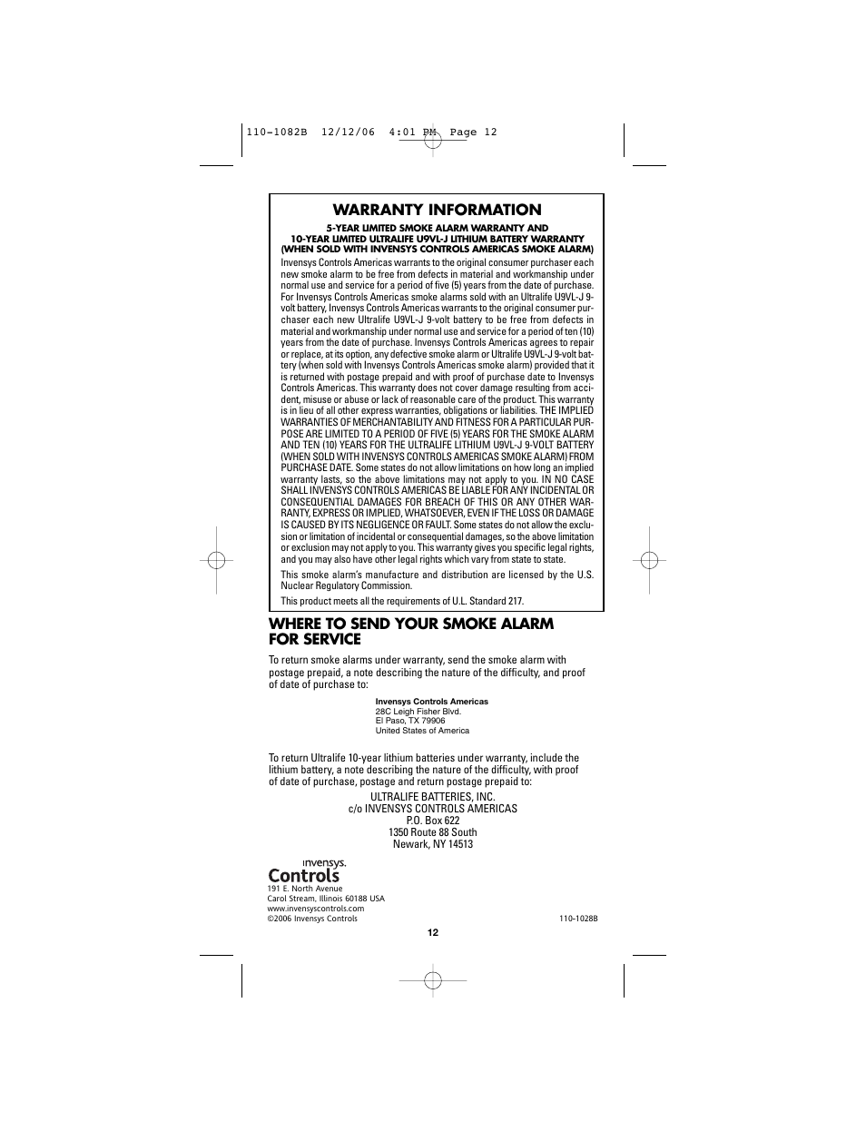 Where to send your smoke alarm for service, Warranty information | Kidde 4618 User Manual | Page 12 / 12