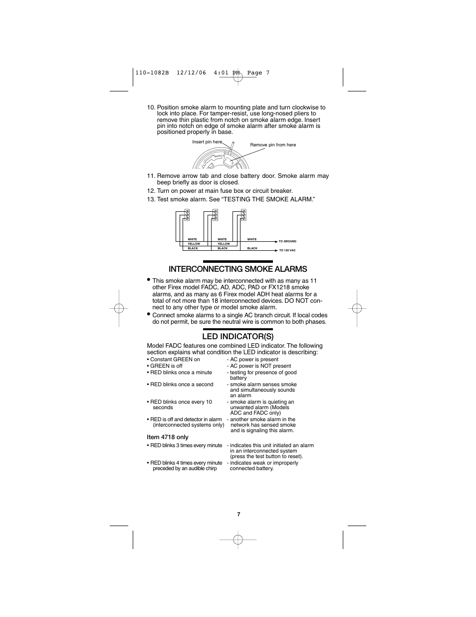 Interconnecting smoke alarms, Led indicator(s) | Kidde 4618 User Manual | Page 7 / 12