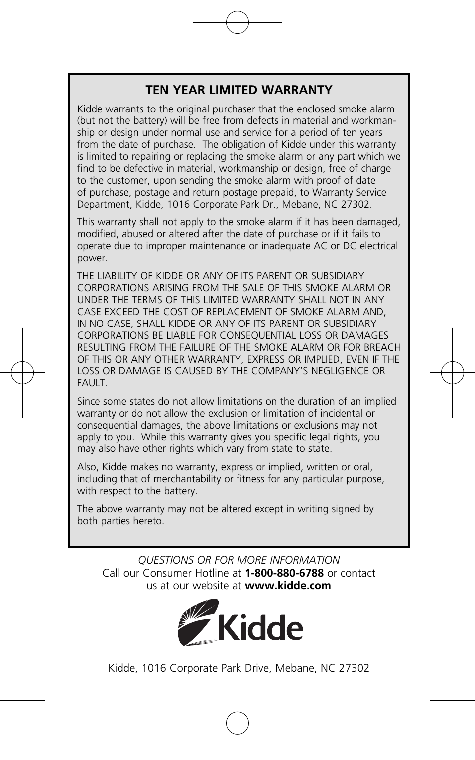 Ten year limited warranty | Kidde P12040 User Manual | Page 16 / 16