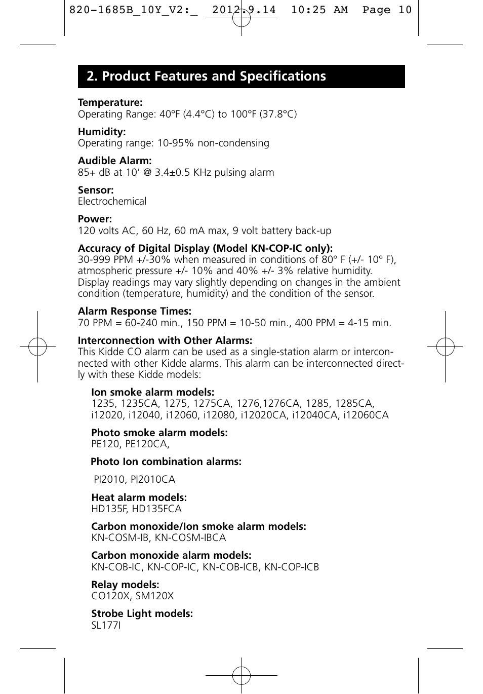 Product features and specifications | Kidde KN-COB-IC User Manual | Page 10 / 23