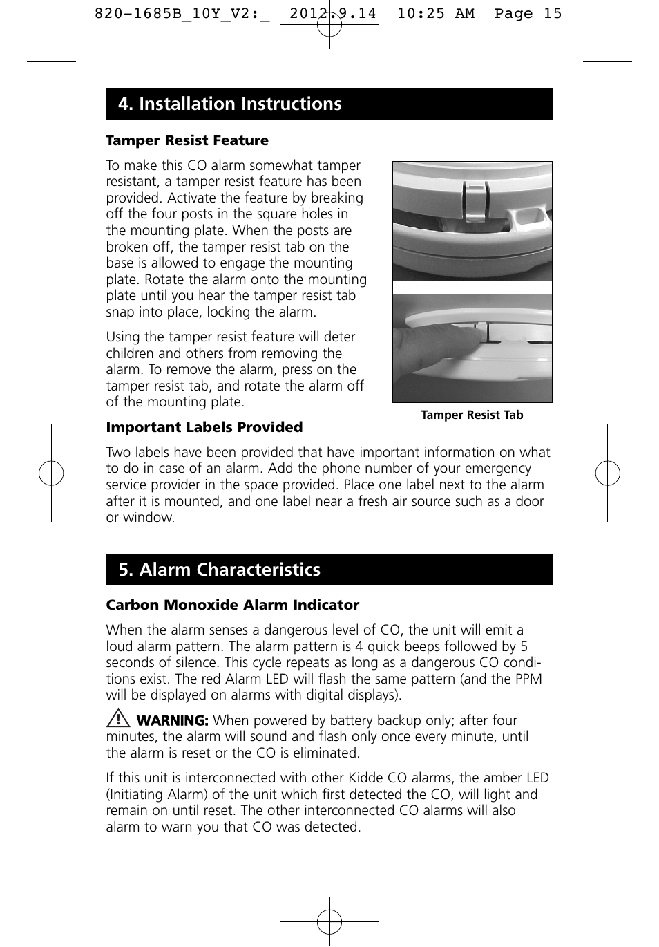 Installation instructions 5. alarm characteristics | Kidde KN-COB-IC User Manual | Page 15 / 23