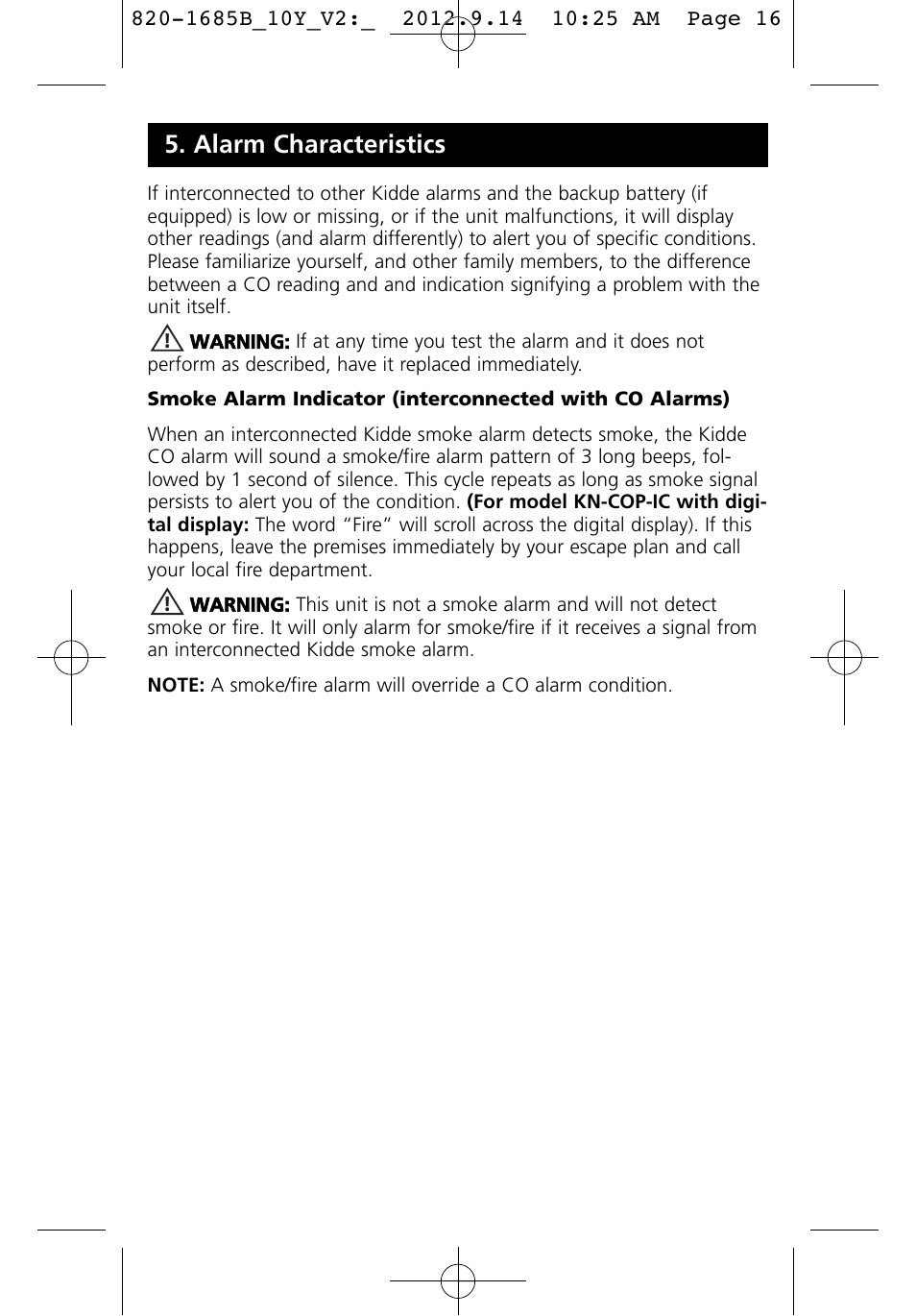 Alarm characteristics | Kidde KN-COB-IC User Manual | Page 16 / 23