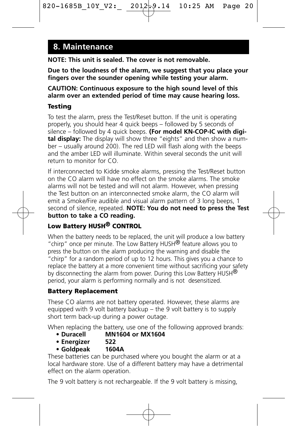 Maintenance | Kidde KN-COB-IC User Manual | Page 20 / 23