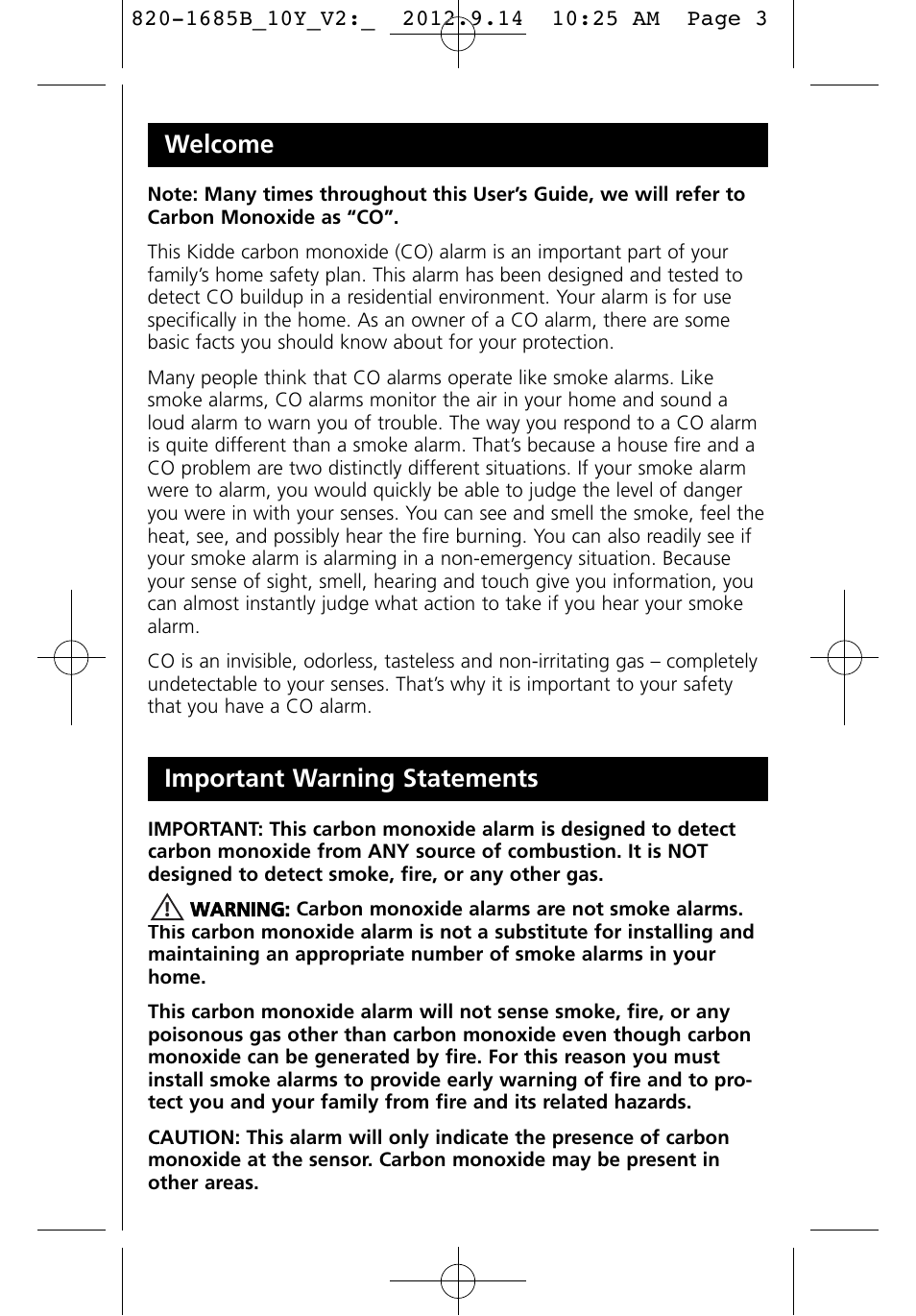 Welcome, Important warning statements | Kidde KN-COB-IC User Manual | Page 3 / 23