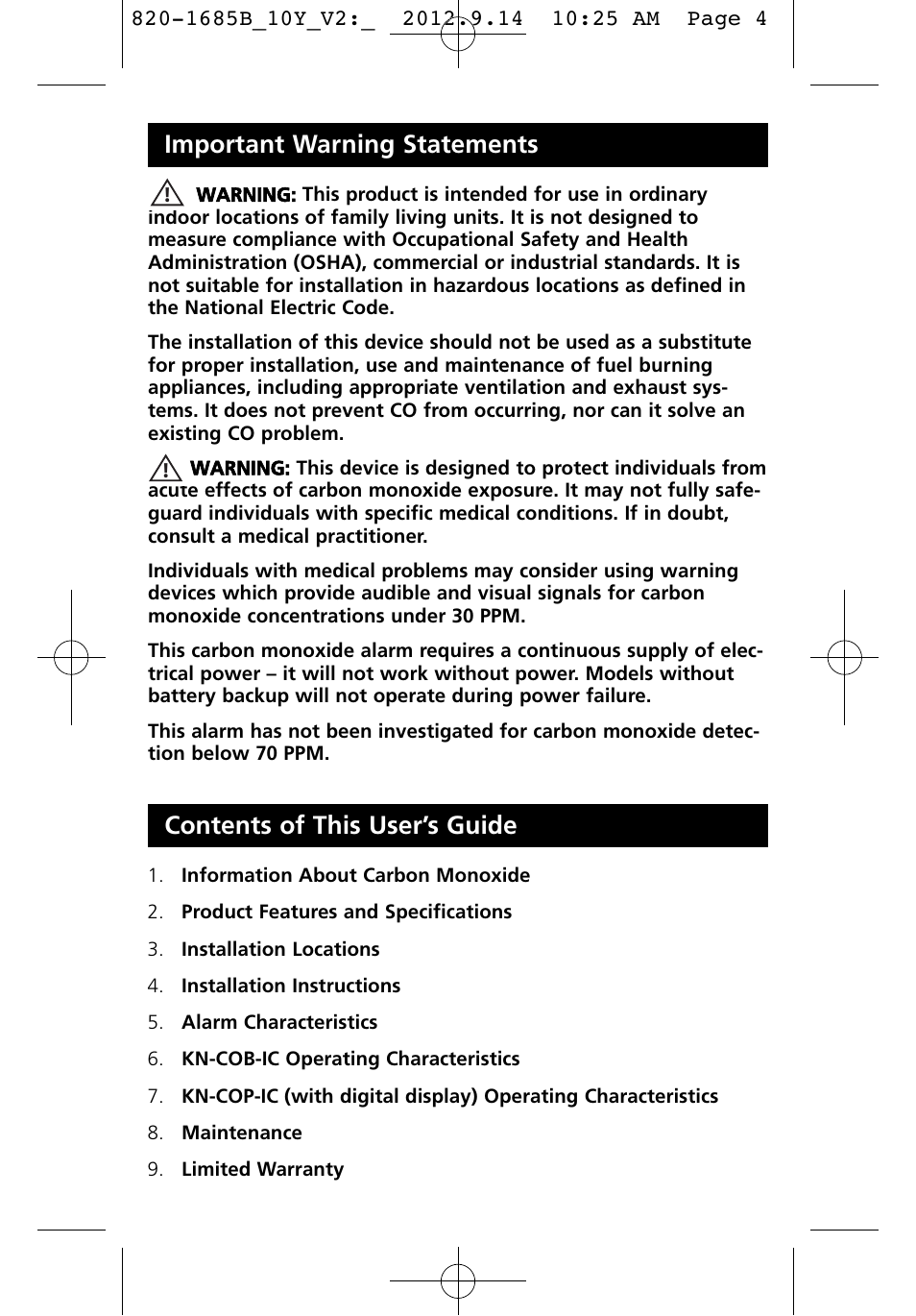 Important warning statements, Contents of this user’s guide | Kidde KN-COB-IC User Manual | Page 4 / 23