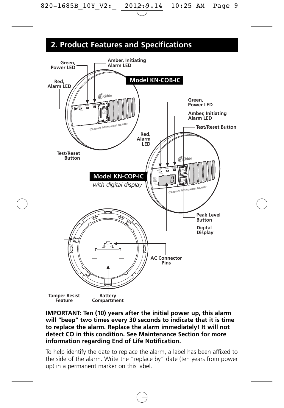 Product features and specifications | Kidde KN-COB-IC User Manual | Page 9 / 23