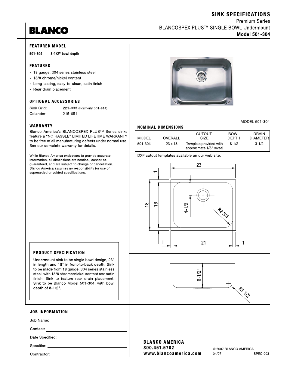 Blanco 501-304 User Manual | 1 page