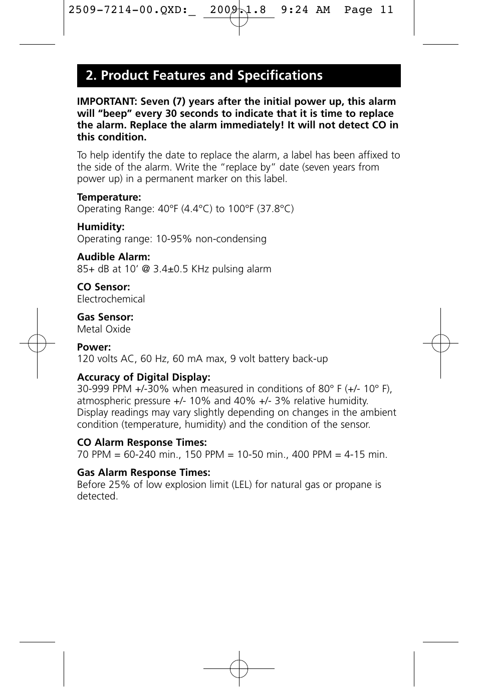 Product features and specifications | Kidde KN-COEG-3 (900-0113) User Manual | Page 11 / 22