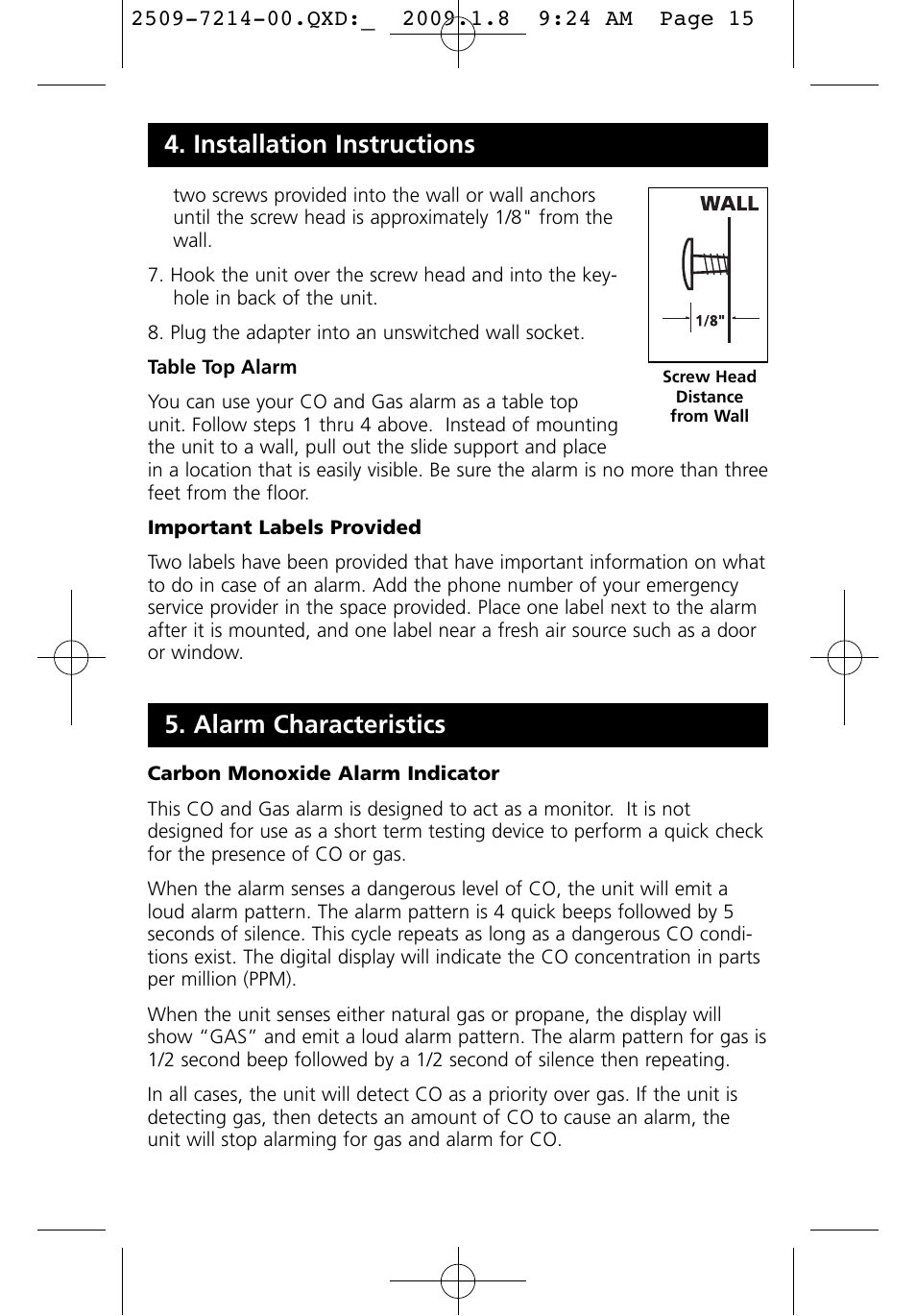 Alarm characteristics, Installation instructions | Kidde KN-COEG-3 (900-0113) User Manual | Page 15 / 22