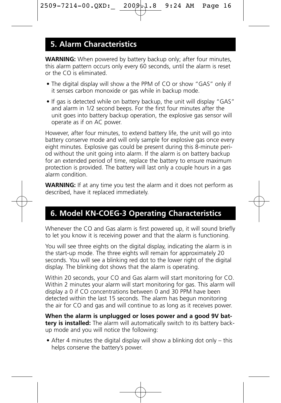 Alarm characteristics, Model kn-coeg-3 operating characteristics | Kidde KN-COEG-3 (900-0113) User Manual | Page 16 / 22