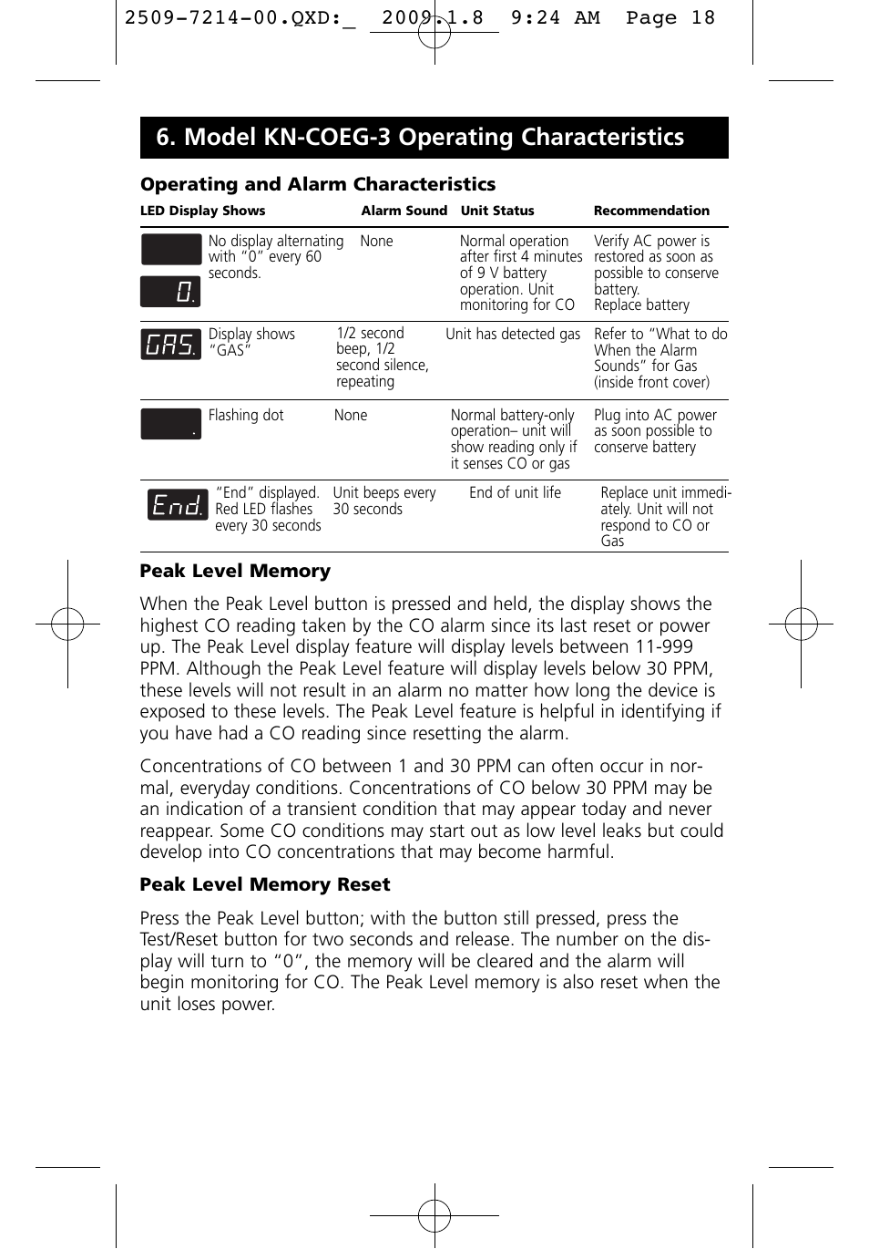 Model kn-coeg-3 operating characteristics | Kidde KN-COEG-3 (900-0113) User Manual | Page 18 / 22