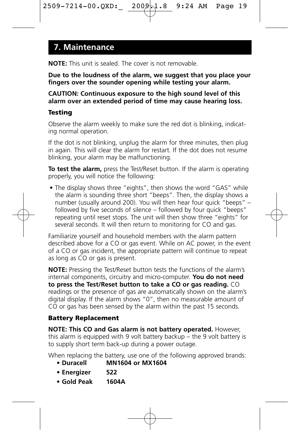 Maintenance | Kidde KN-COEG-3 (900-0113) User Manual | Page 19 / 22