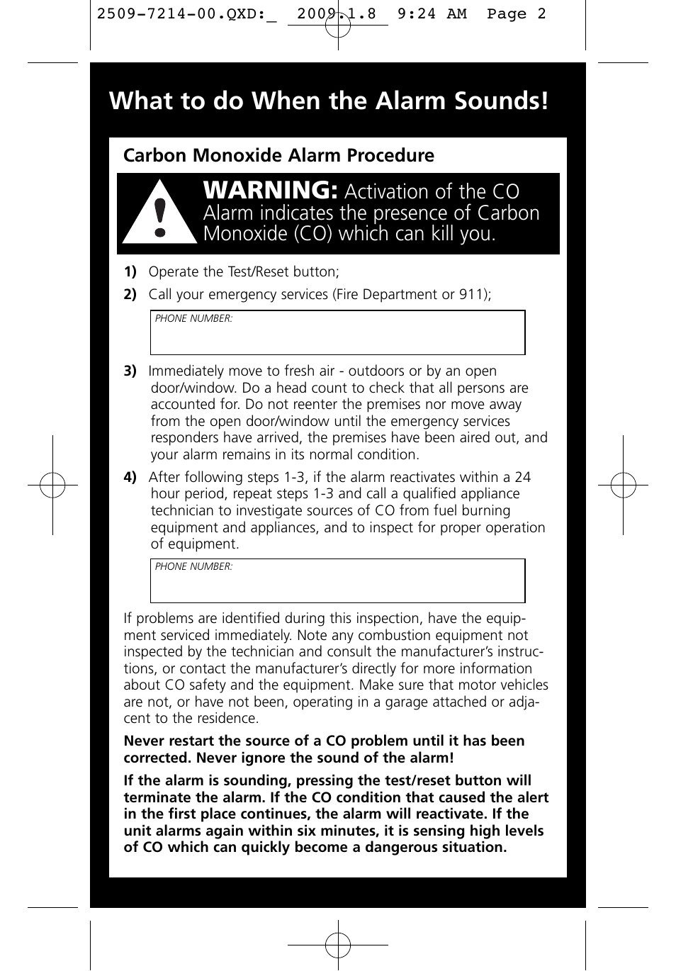 Warning, What to do when the alarm sounds | Kidde KN-COEG-3 (900-0113) User Manual | Page 2 / 22