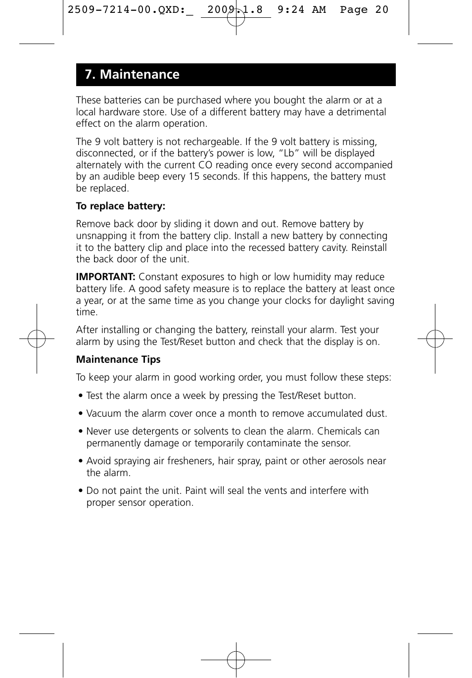 Maintenance | Kidde KN-COEG-3 (900-0113) User Manual | Page 20 / 22