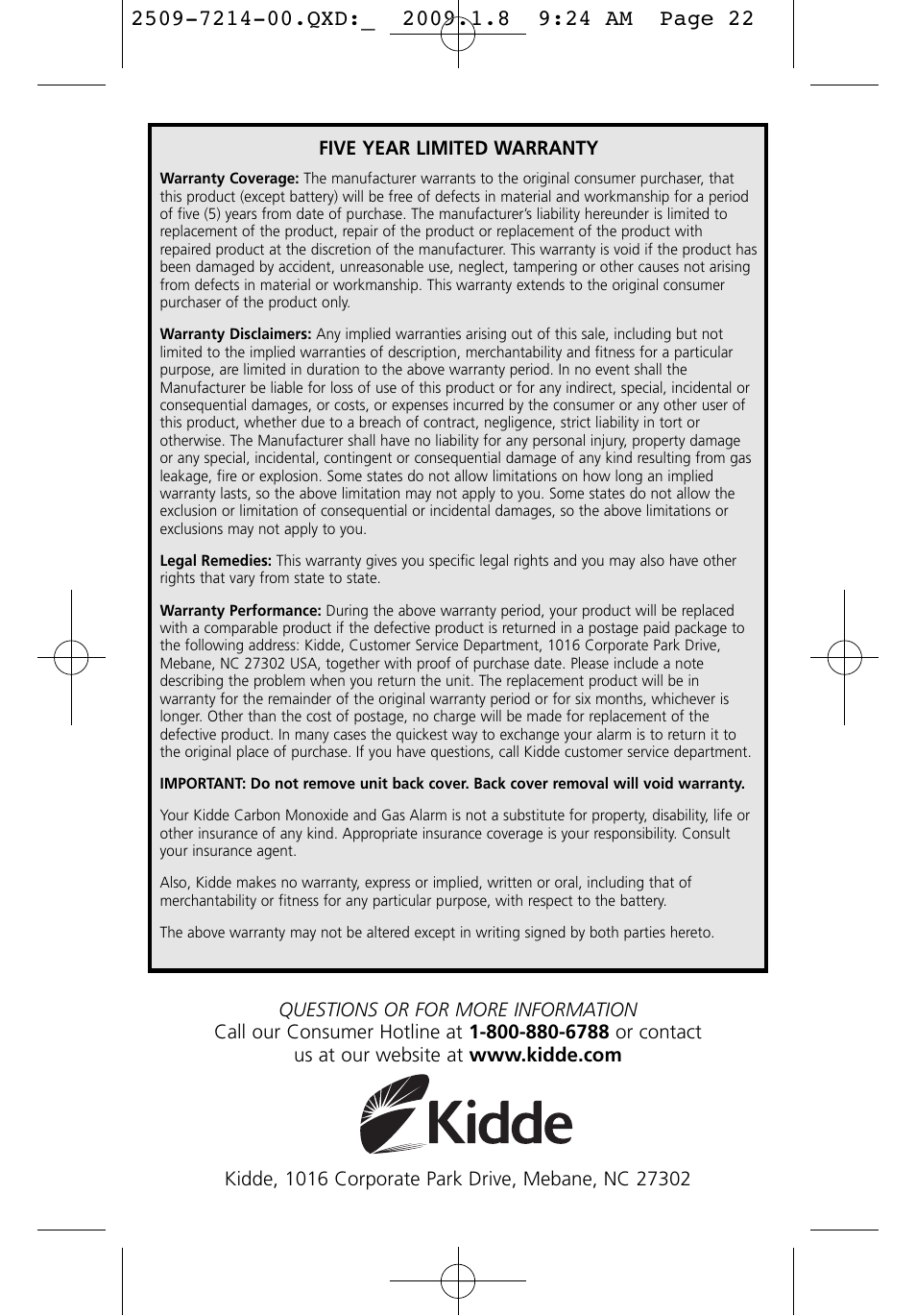 Kidde KN-COEG-3 (900-0113) User Manual | Page 22 / 22