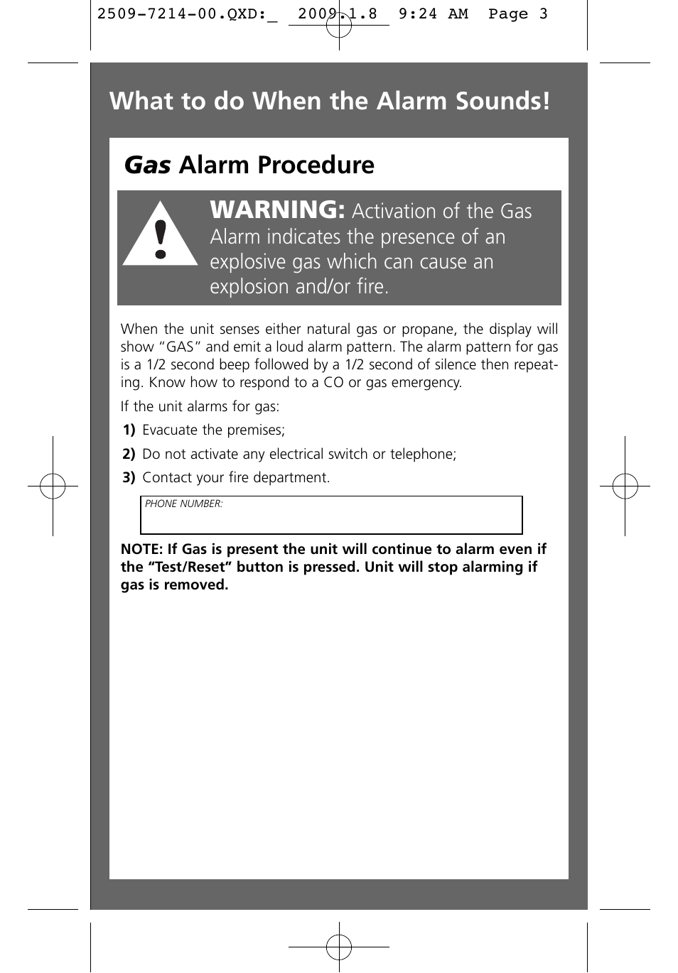 Gas alarm procedure, Warning, What to do when the alarm sounds | Kidde KN-COEG-3 (900-0113) User Manual | Page 3 / 22