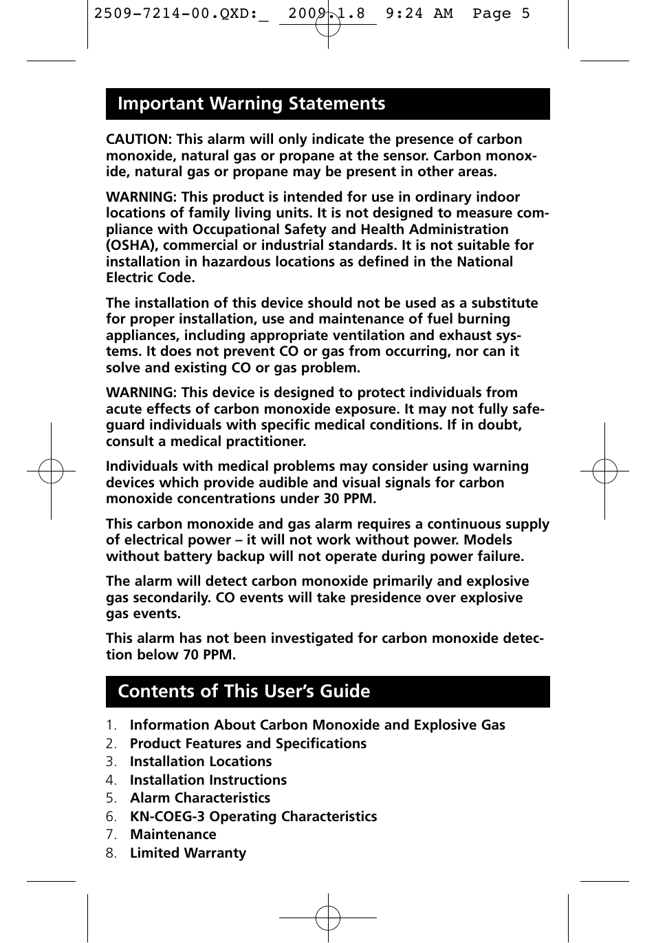 Important warning statements, Contents of this user’s guide | Kidde KN-COEG-3 (900-0113) User Manual | Page 5 / 22