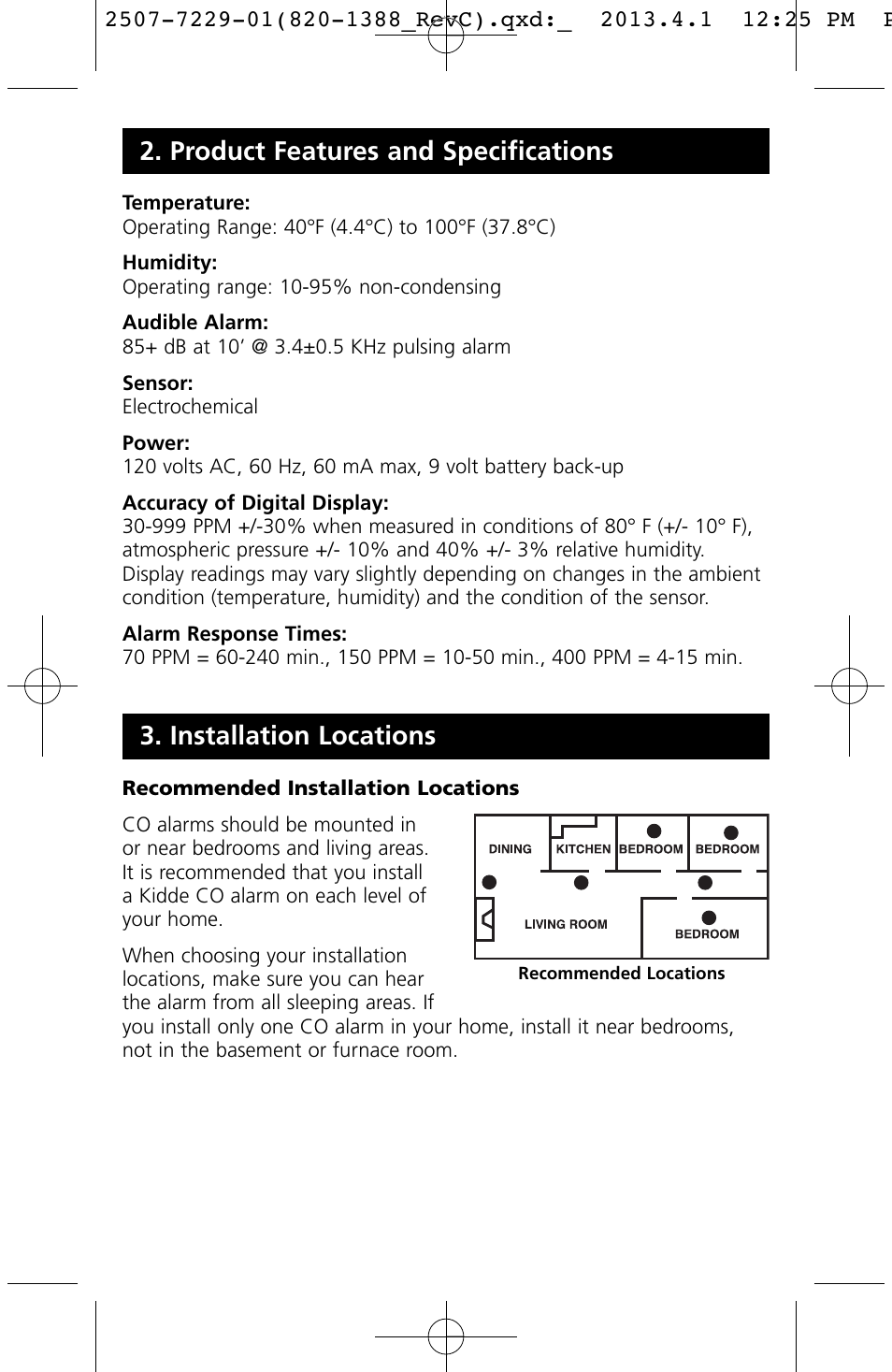 Installation locations, Product features and specifications | Kidde KN-COPP-3 (900-0076) User Manual | Page 10 / 19