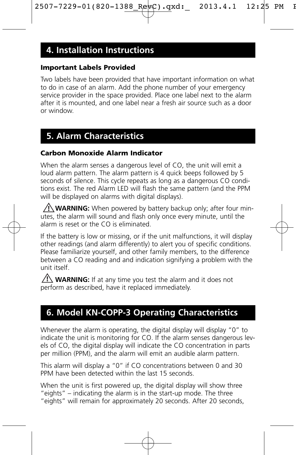 Alarm characteristics, Installation instructions, Model kn-copp-3 operating characteristics | Kidde KN-COPP-3 (900-0076) User Manual | Page 14 / 19