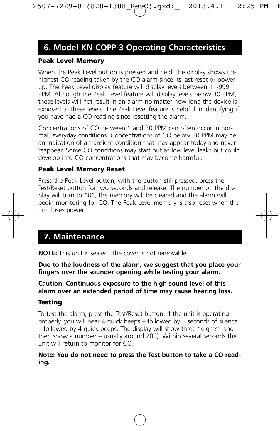 Maintenance, Model kn-copp-3 operating characteristics | Kidde KN-COPP-3 (900-0076) User Manual | Page 16 / 19