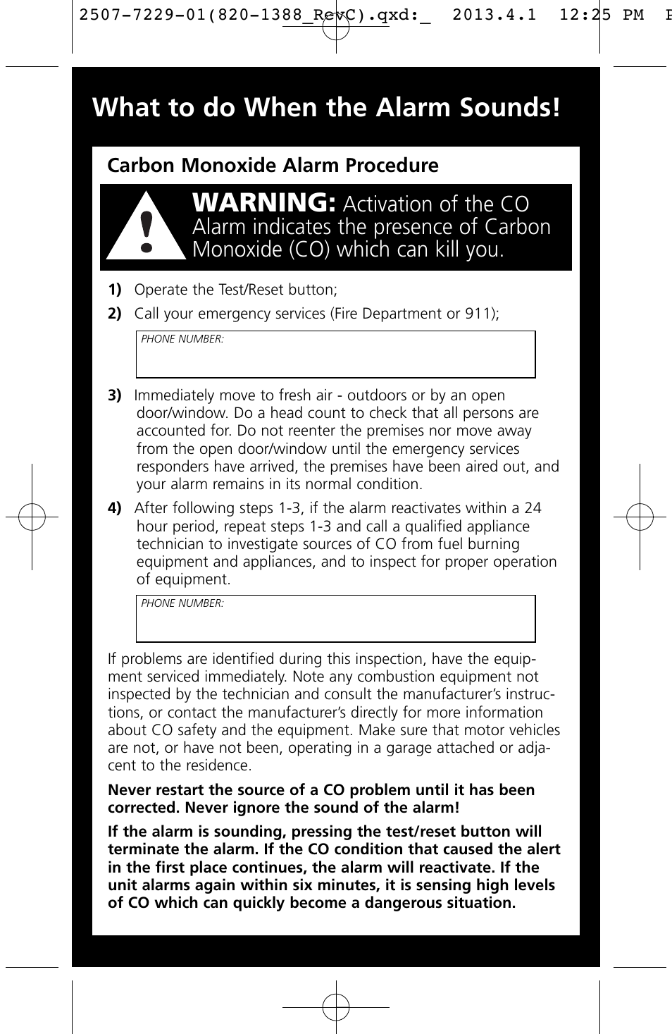 Warning, What to do when the alarm sounds | Kidde KN-COPP-3 (900-0076) User Manual | Page 2 / 19