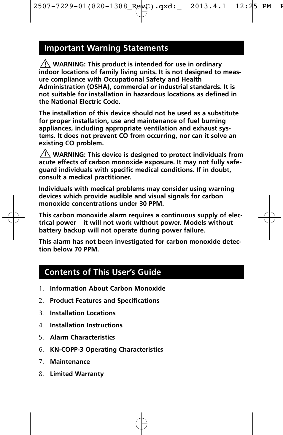 Important warning statements, Contents of this user’s guide | Kidde KN-COPP-3 (900-0076) User Manual | Page 4 / 19