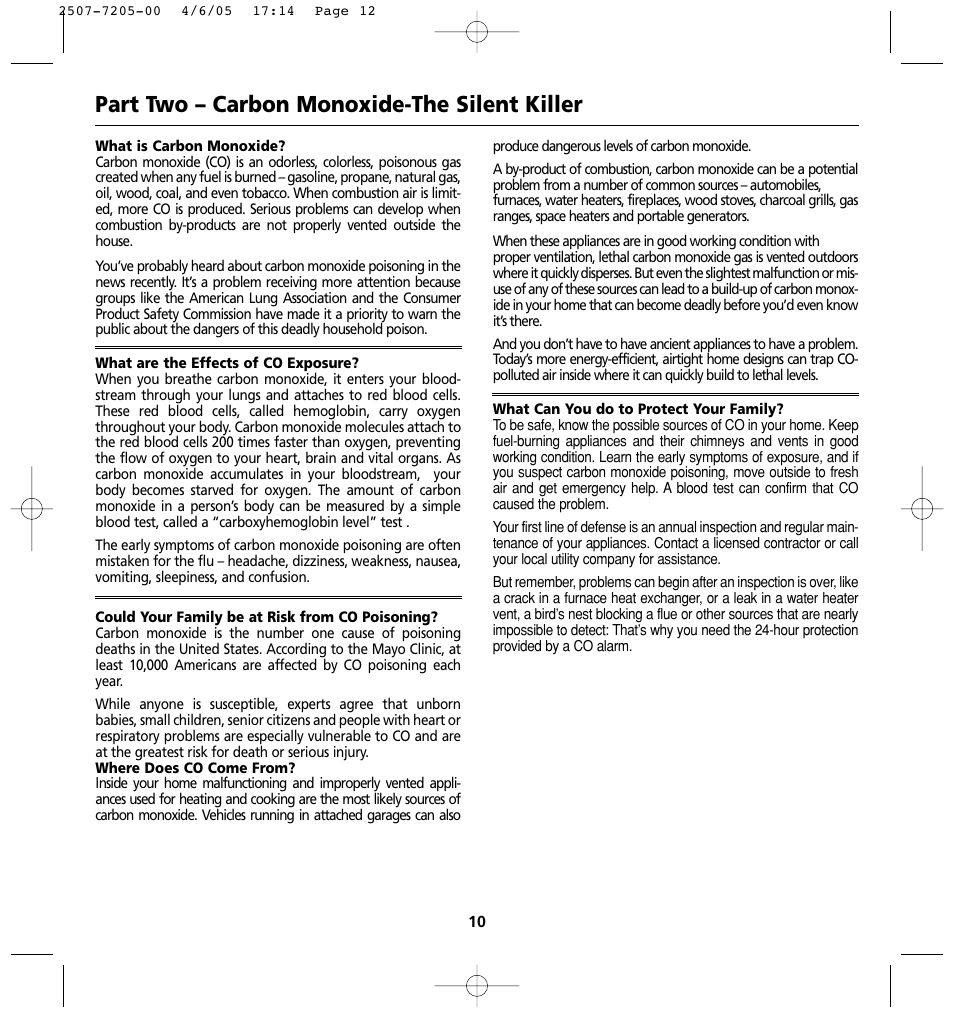 Part two – carbon monoxide-the silent killer | Kidde KN-COPP-3 (900-0099) User Manual | Page 12 / 23