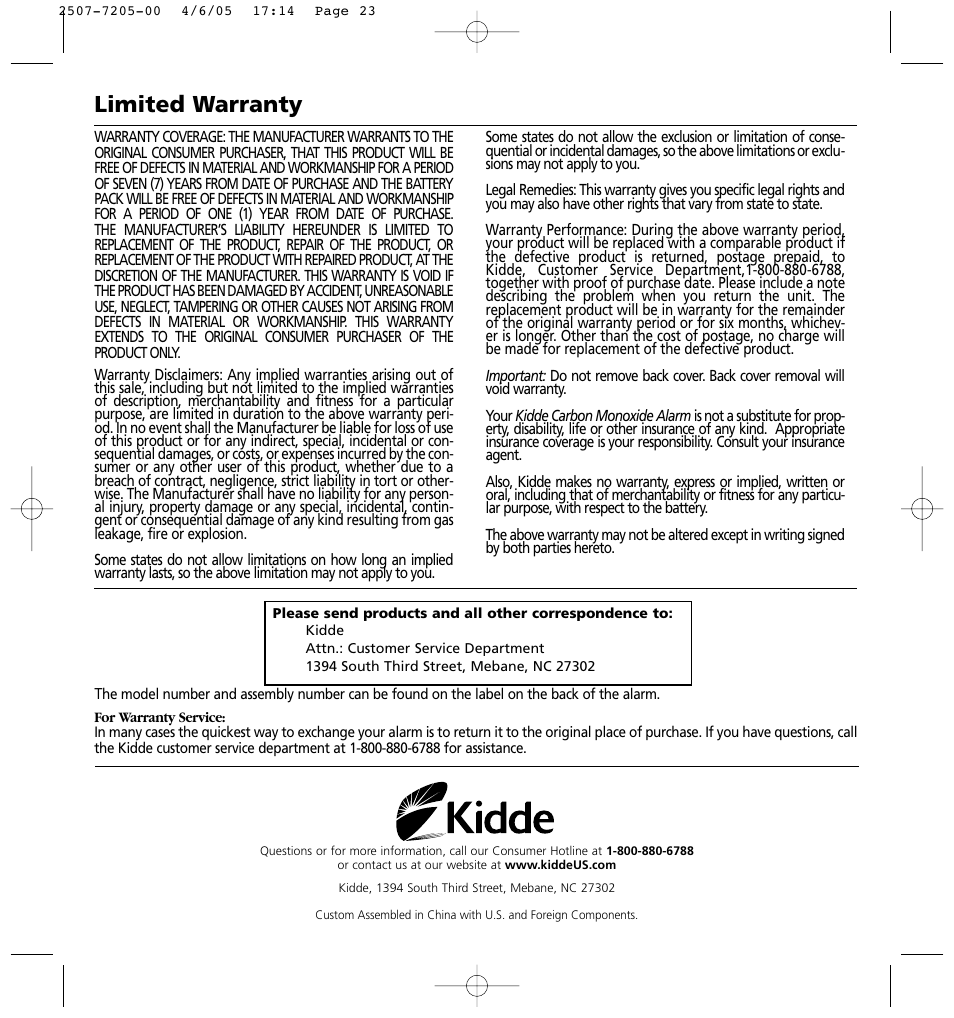 Limited warranty | Kidde KN-COPP-3 (900-0099) User Manual | Page 23 / 23