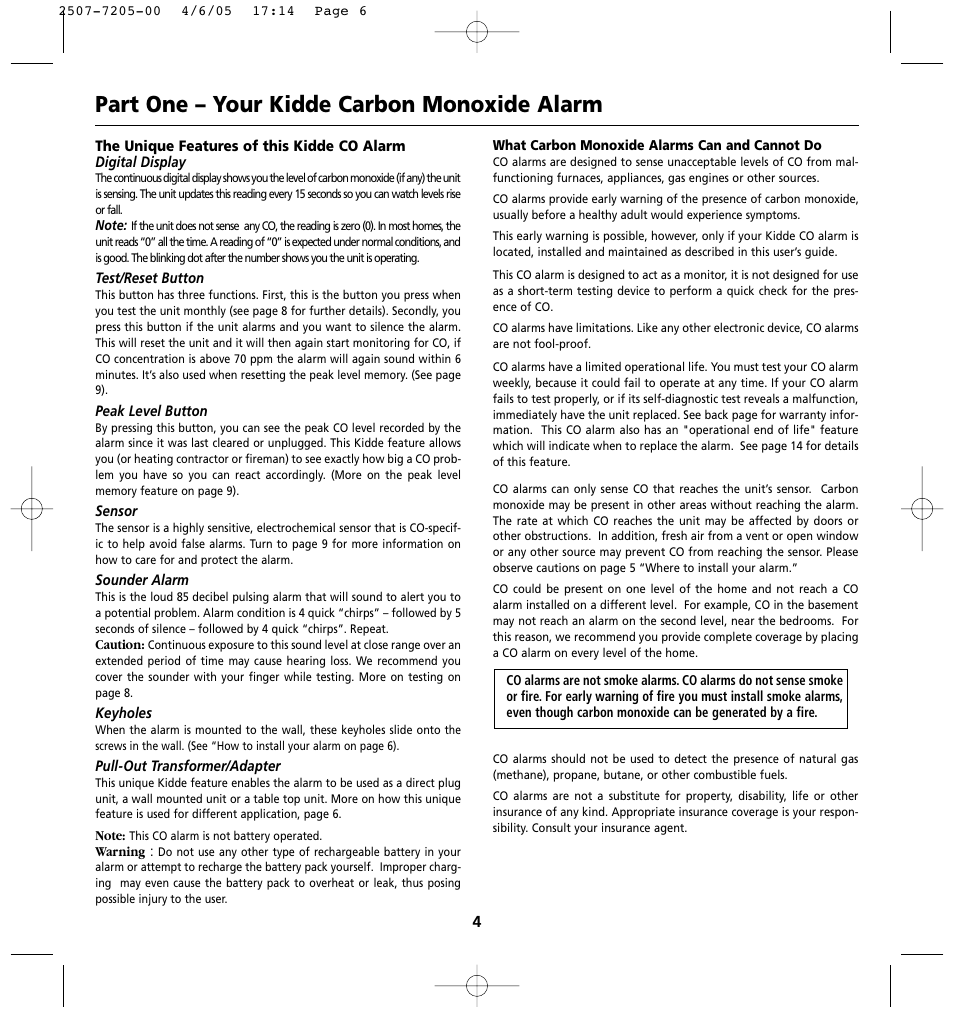 Part one – your kidde carbon monoxide alarm | Kidde KN-COPP-3 (900-0099) User Manual | Page 6 / 23