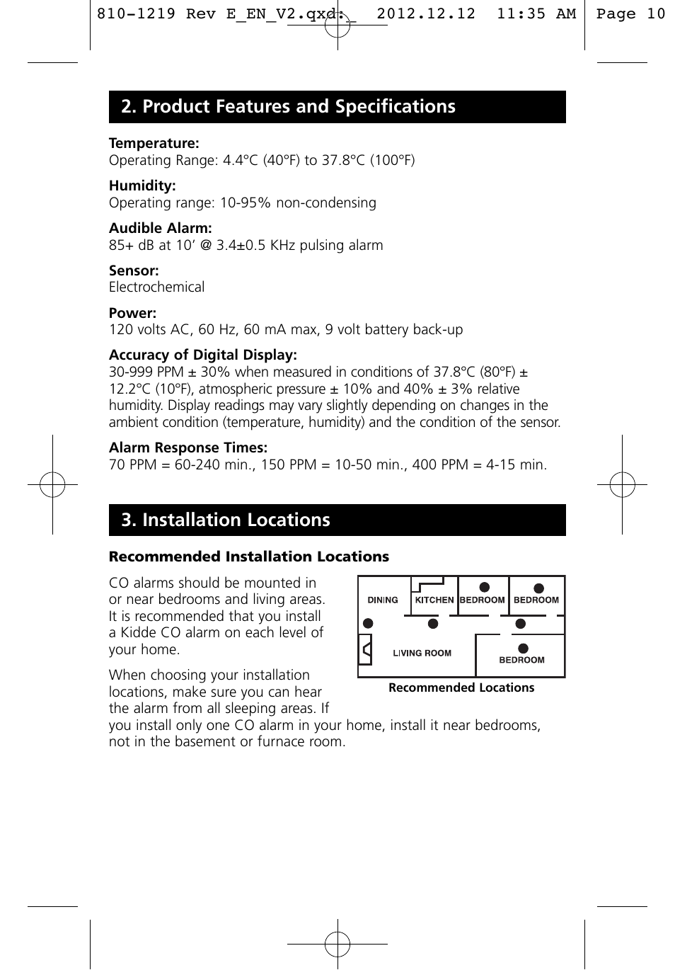 Installation locations, Product features and specifications | Kidde KN-COPP-3 (900-0100) User Manual | Page 10 / 19