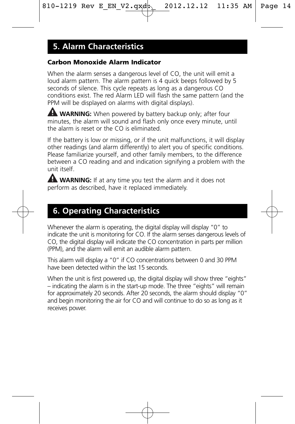 Alarm characteristics, Operating characteristics | Kidde KN-COPP-3 (900-0100) User Manual | Page 14 / 19