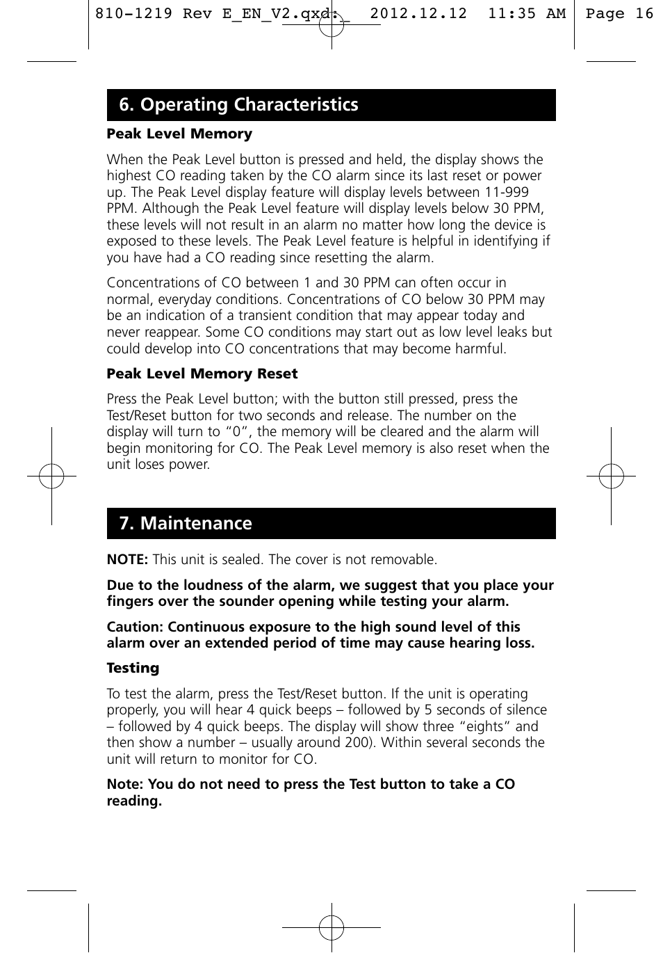 Maintenance, Operating characteristics | Kidde KN-COPP-3 (900-0100) User Manual | Page 16 / 19