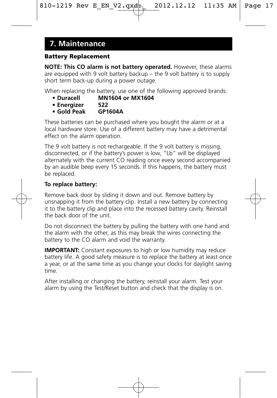 Maintenance | Kidde KN-COPP-3 (900-0100) User Manual | Page 17 / 19