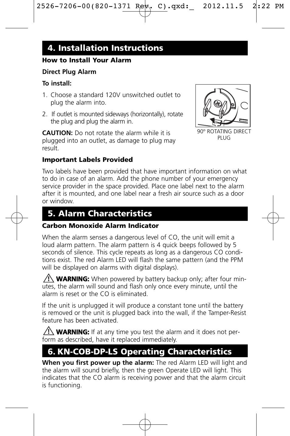 Installation instructions, Alarm characteristics, Kn-cob-dp-ls operating characteristics | Kidde KN-COB-DP-LS User Manual | Page 12 / 18