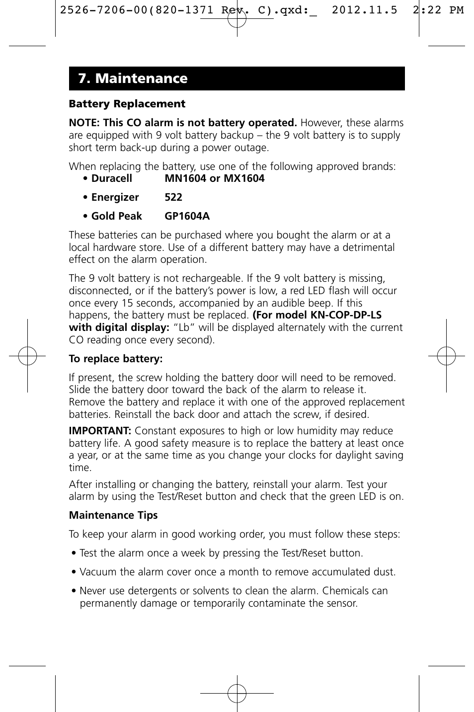 Maintenance | Kidde KN-COB-DP-LS User Manual | Page 16 / 18