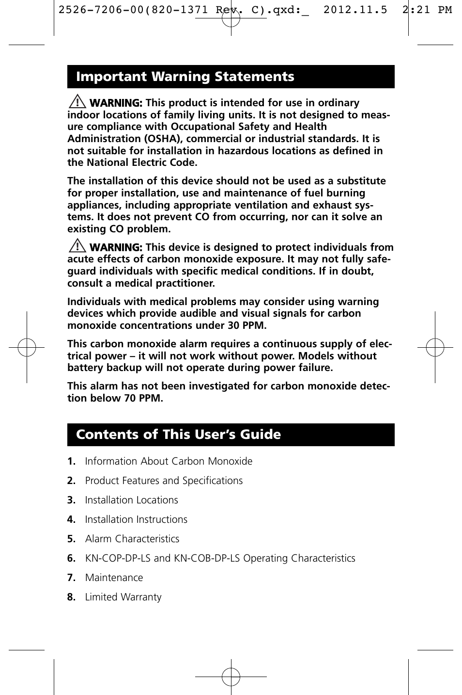 Important warning statements, Contents of this user’s guide | Kidde KN-COB-DP-LS User Manual | Page 4 / 18